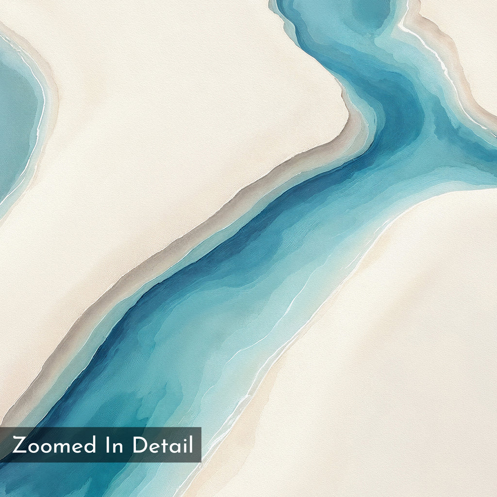 Coastal Dreams Canvas Art - Horizontal features an abstract watercolor of a winding blue river with sandy beige banks. Softly blended colors create a serene, minimalist look. "Zoomed In Detail" appears on a transparent label at the bottom left.