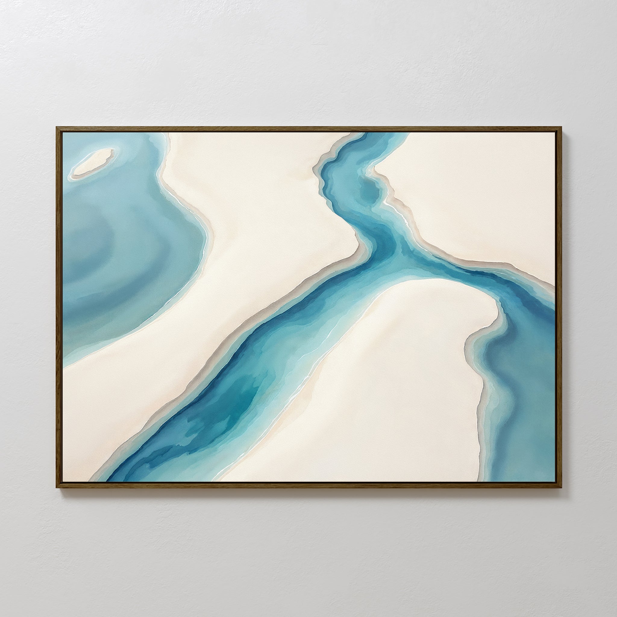 Coastal Dreams Canvas Art - Horizontal features a minimal abstract scene with blue water flowing between soft beige and cream shapes, framed in thin black. Its serene, modern style evokes an aerial view of a river or shoreline with smooth gradient transitions.