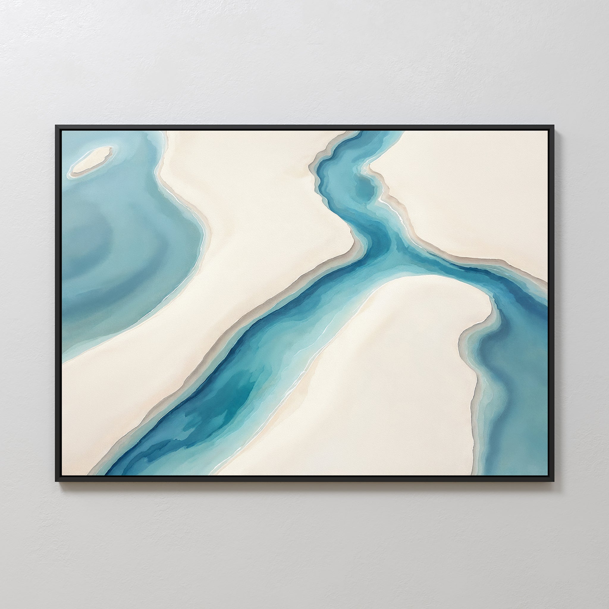 The "Coastal Dreams Canvas Art - Horizontal" features a black-framed abstract view of a winding blue river across off-white sandy land, blending soft colors and simple shapes for a calm, minimalist, and serene wall art accent.