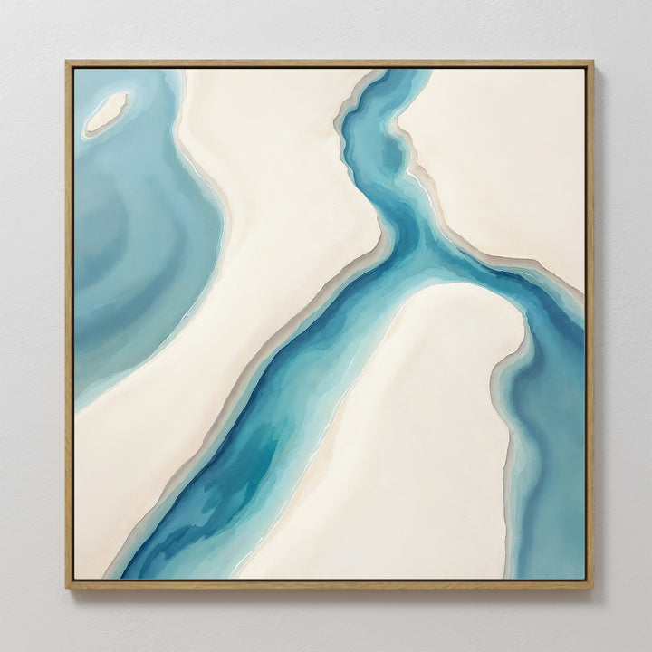 The Coastal Dreams Canvas Art - Square features an abstract view of blue water winding through beige sandbanks, with smooth, organic shapes and soft colors for serene coastal-inspired wall decor.