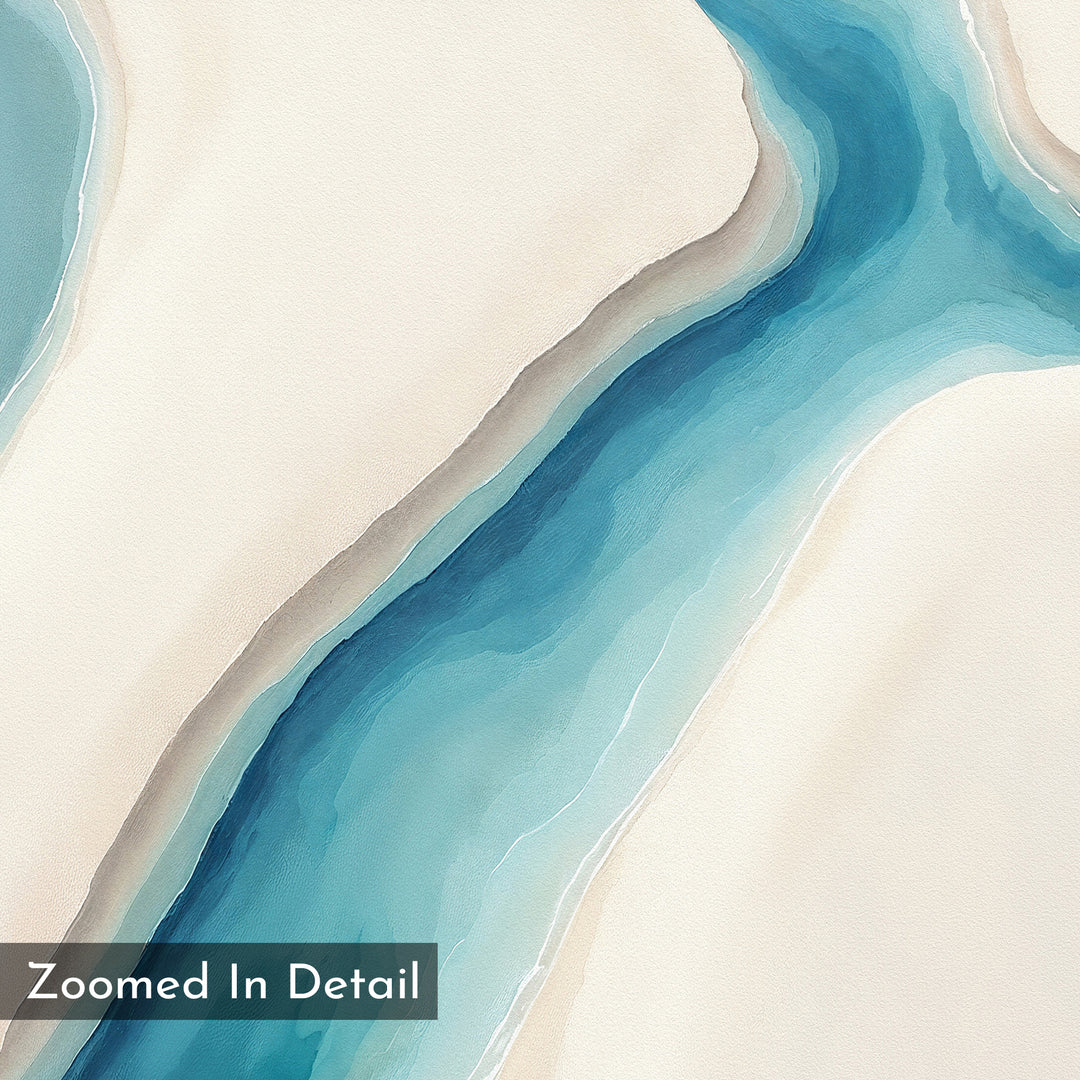 Coastal Dreams Canvas Art - Square features abstract watercolor shapes in blue and teal, flowing like a river on a cream background. Soft gradients and smooth edges create a serene look, with "Zoomed In Detail" text in the corner.