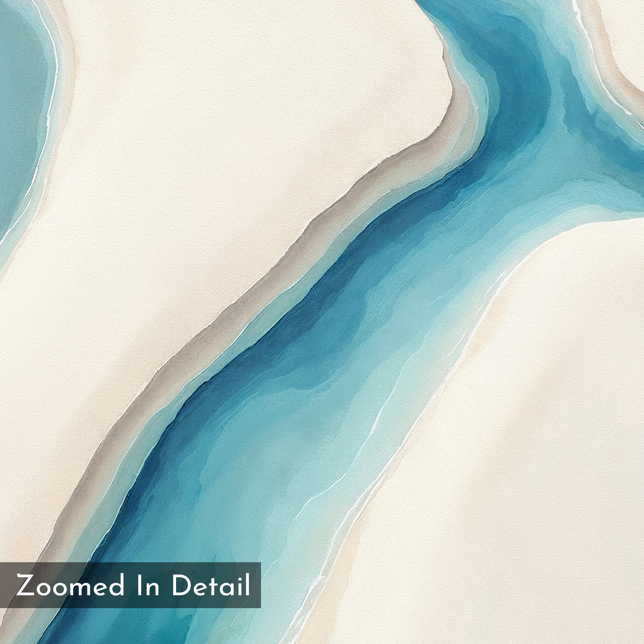 Coastal Dreams Canvas Art - Square features abstract watercolor shapes in blue and teal, flowing like a river on a cream background. Soft gradients and smooth edges create a serene look, with "Zoomed In Detail" text in the corner.