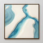 Coastal Dreams Canvas Art - Square features an abstract view of a blue river winding through beige sandbanks in soft watercolor textures—a serene, framed piece ideal for tranquil spaces.