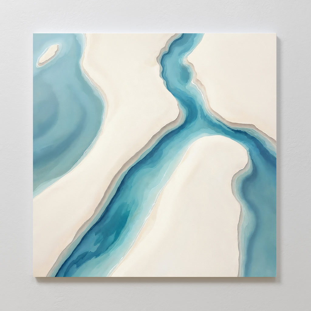 Coastal Dreams Canvas Art - Square features abstract artwork of a winding blue river between sandy landforms, viewed from above. Soft, muted tones evoke Nordic Park vibes for a tranquil, minimalist scene—ideal as serene wall art.