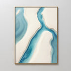 Coastal Dreams Canvas Art - Vertical features minimalist abstract coastal wall art with blue rivers on off-white sand, smooth curved shapes, and comes framed in a thin gold-colored frame for a serene touch.