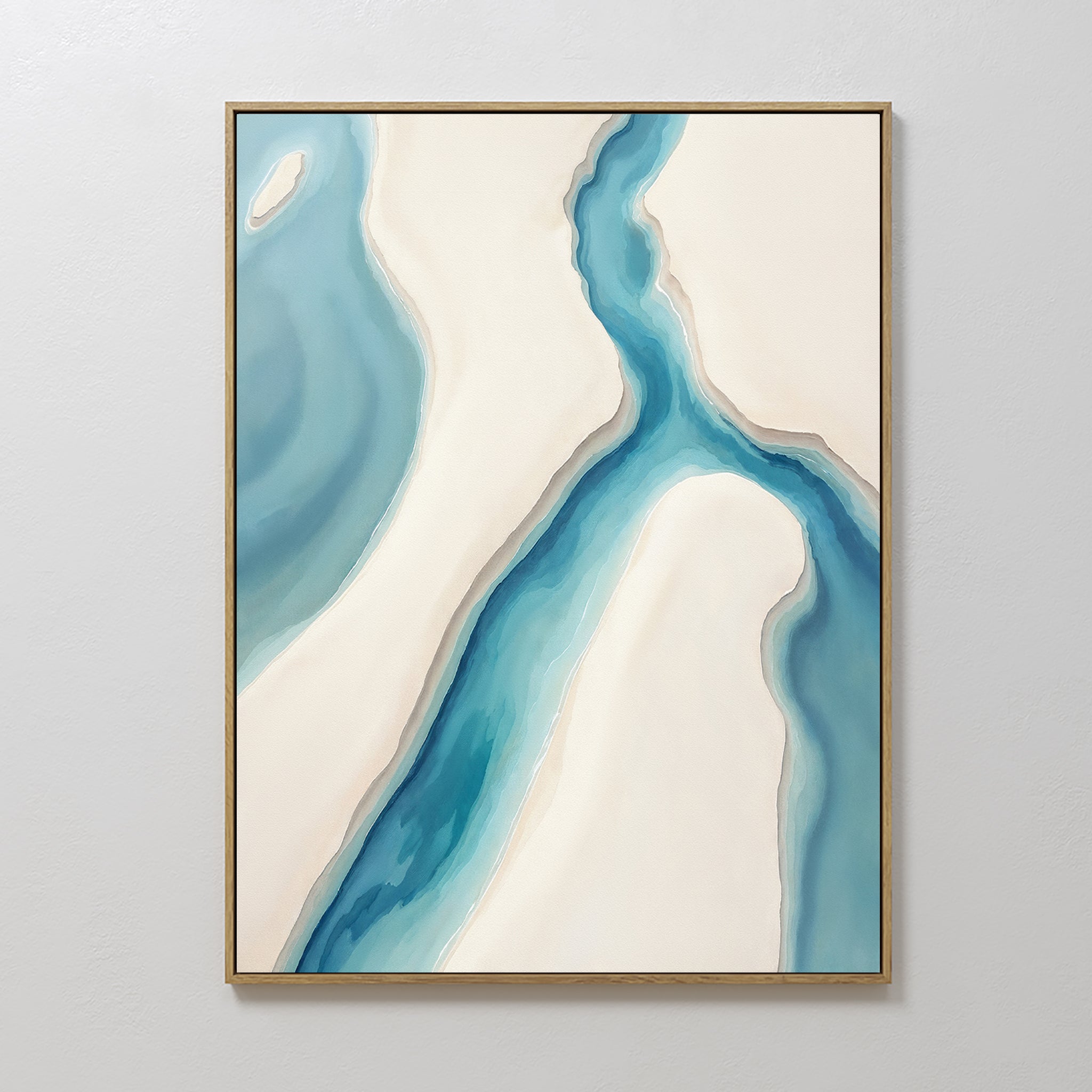 Coastal Dreams Canvas Art - Vertical features minimalist abstract coastal wall art with blue rivers on off-white sand, smooth curved shapes, and comes framed in a thin gold-colored frame for a serene touch.