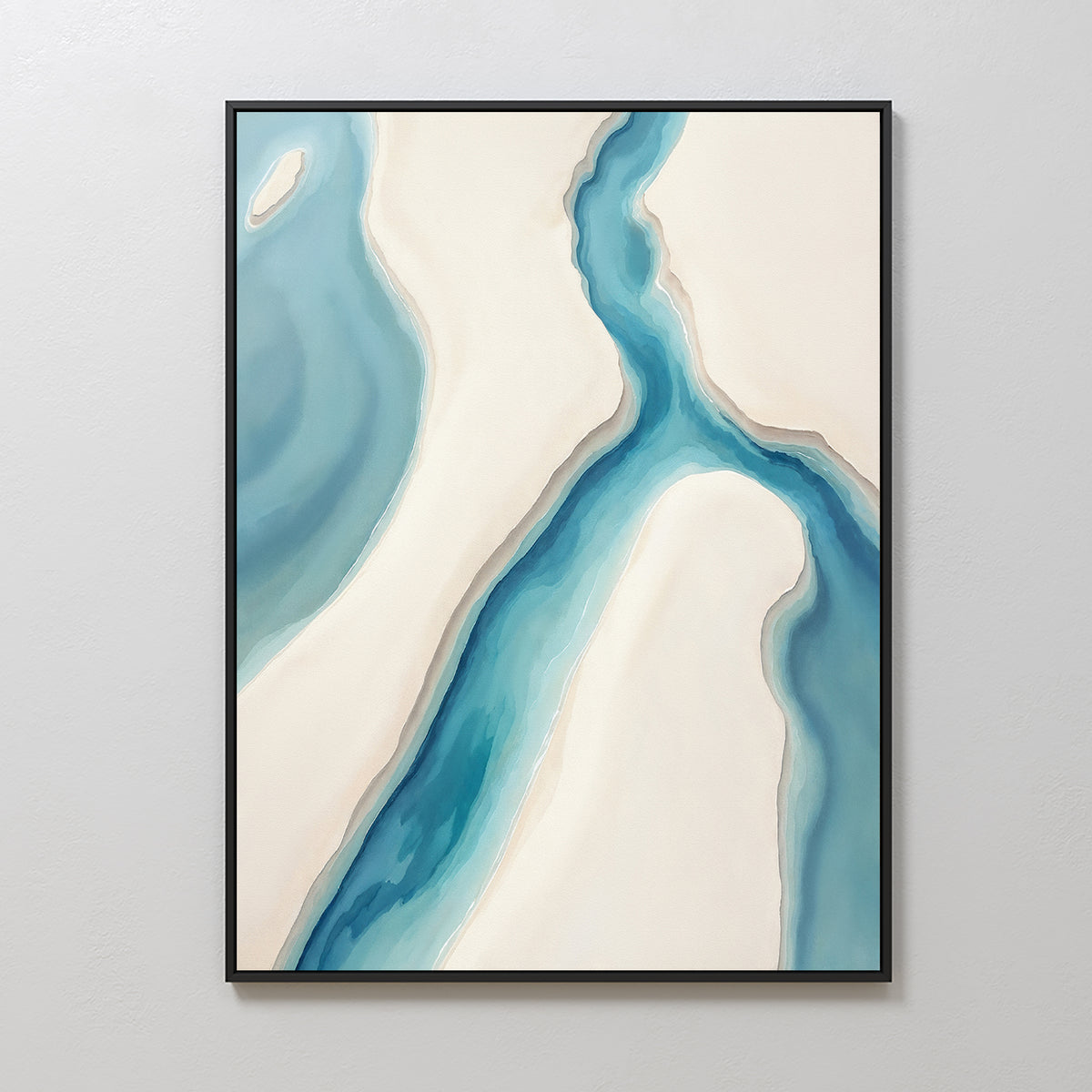 Coastal Dreams Canvas Art - Vertical showcases an abstract aerial view of a winding blue stream between beige sandbanks. Its minimalist blue and white palette adds a serene, coastal touch—ideal for calming decor or beach-inspired wall art.