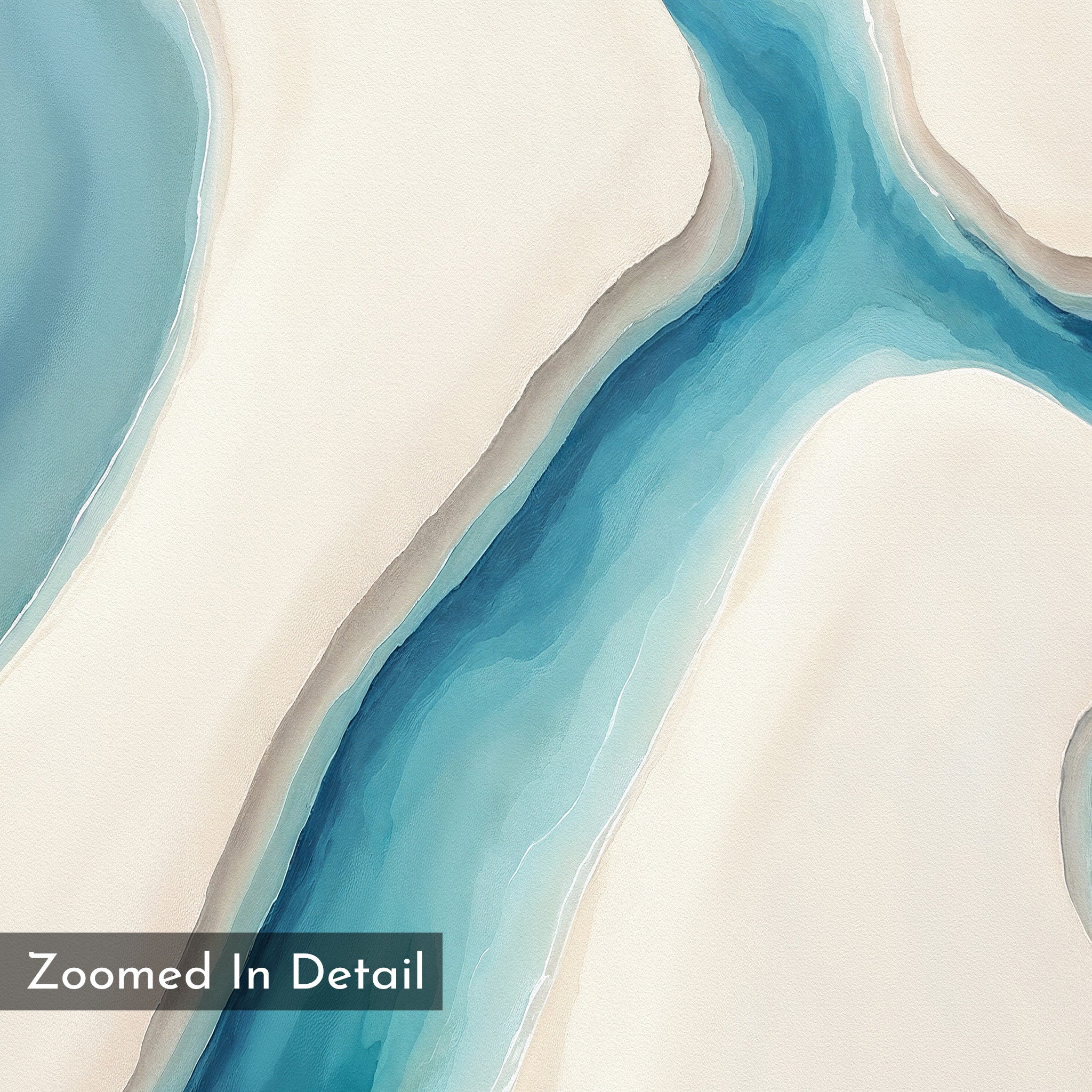 Abstract watercolor featuring a winding blue river between beige sandbanks, forming soft, organic shapes. Perfect for serene decor as coastal wall art. “Zoomed In Detail” appears at the bottom left. Product: Coastal Dreams Canvas Art - Vertical.