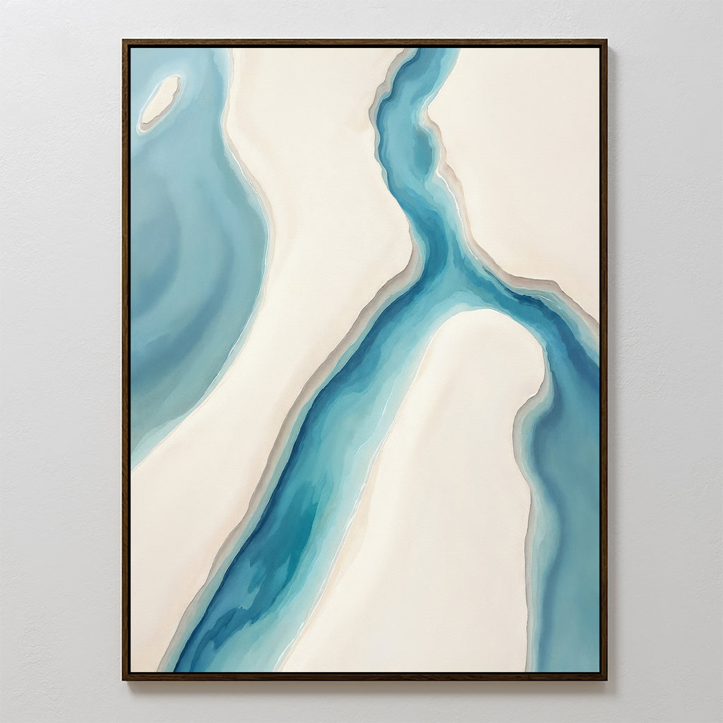 Coastal Dreams Canvas Art - Vertical showcases abstract blue water channels against beige and white sand, evoking a river delta from above. This canvas print brings serene coastal style to any light-toned room.