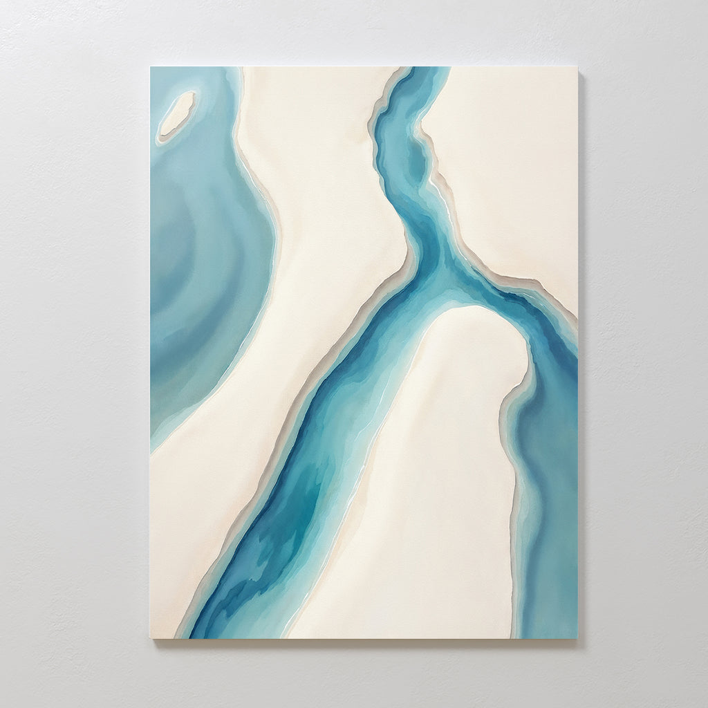 The Coastal Dreams Canvas Art - Vertical features a winding blue river between sandy beige landforms on a white background, adding a minimalist and serene coastal touch to your space.