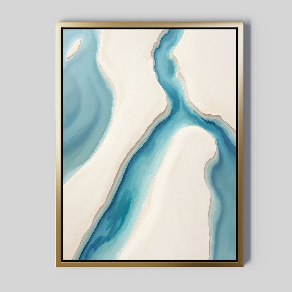 Coastal Dreams Canvas Art - Vertical: A framed abstract print with flowing blue and aqua shapes like a winding river on an off-white and light gray background, perfect for coastal wall art and adding serene decor to your space.