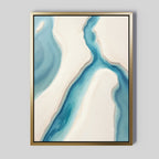 Coastal Dreams Canvas Art - Vertical: A framed abstract print with flowing blue and aqua shapes like a winding river on an off-white and light gray background, perfect for coastal wall art and adding serene decor to your space.