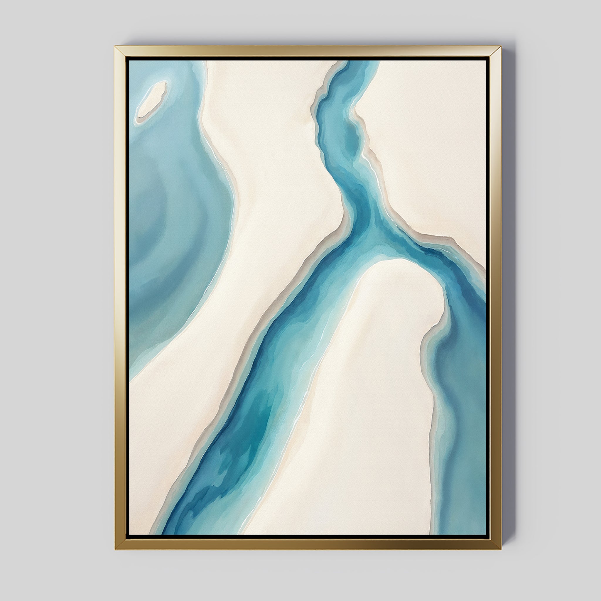 Coastal Dreams Canvas Art - Vertical: A framed abstract print with flowing blue and aqua shapes like a winding river on an off-white and light gray background, perfect for coastal wall art and adding serene decor to your space.