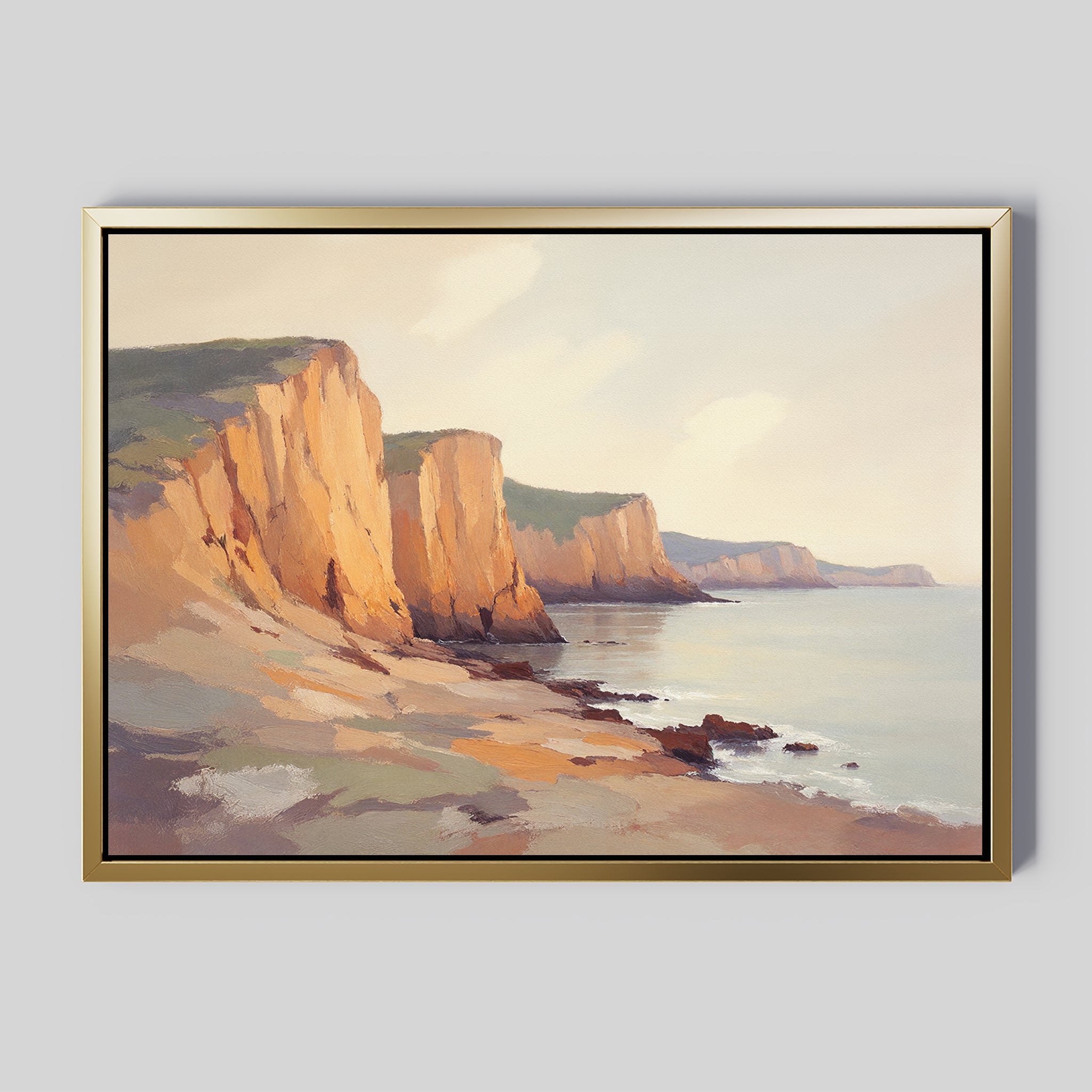 Add warmth to any space with the Coastal Grandeur Canvas Art - Horizontal, featuring rugged orange cliffs beside a calm sea under soft sunlight—perfect seaside wall art for your home.