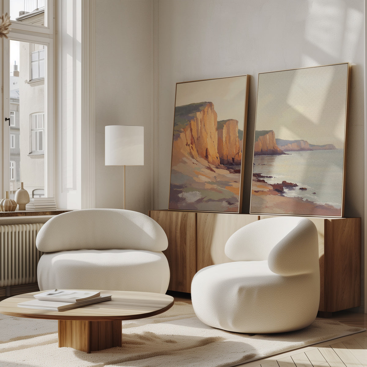 A modern living room features two white, curved armchairs, a wooden coffee table, and a sideboard displaying Coastal Grandeur - Set of 2 canvas prints. Sunlight pours in through large windows, creating a serene coastal vibe.