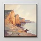 The Coastal Grandeur Canvas Art - Square features seaside cliffs with warm orange-brown rocks above a calm, reflective sea, stretching into the distance beneath a pale sky and gentle clouds.