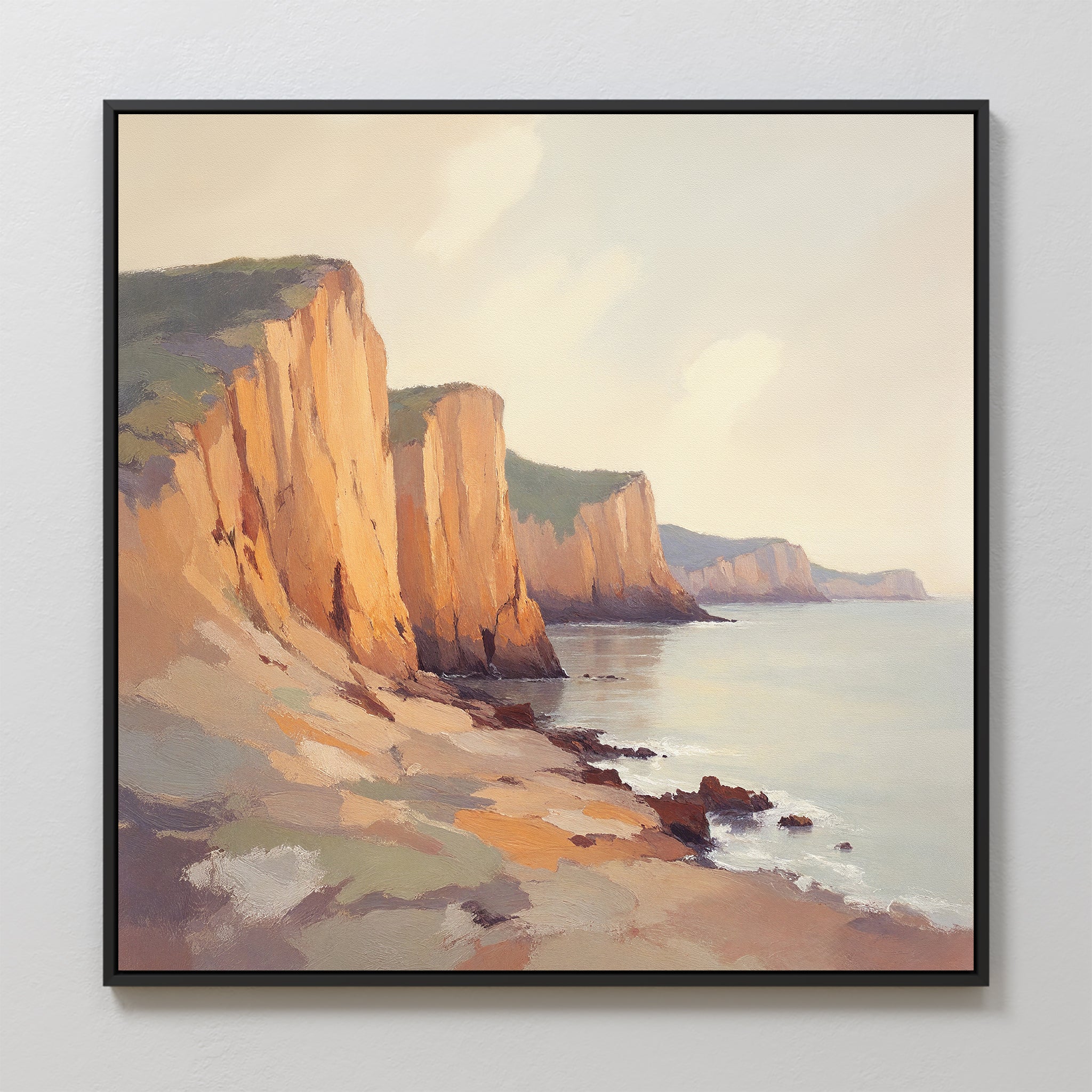 The Coastal Grandeur Canvas Art - Square features seaside cliffs with warm orange-brown rocks above a calm, reflective sea, stretching into the distance beneath a pale sky and gentle clouds.