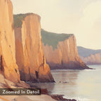 Coastal Grandeur Canvas Art - Square: Features tall, orange-brown seaside cliffs with green vegetation above calm water beneath a pale sky. The image has a soft, textured look and displays "Zoomed In Detail" in the corner.