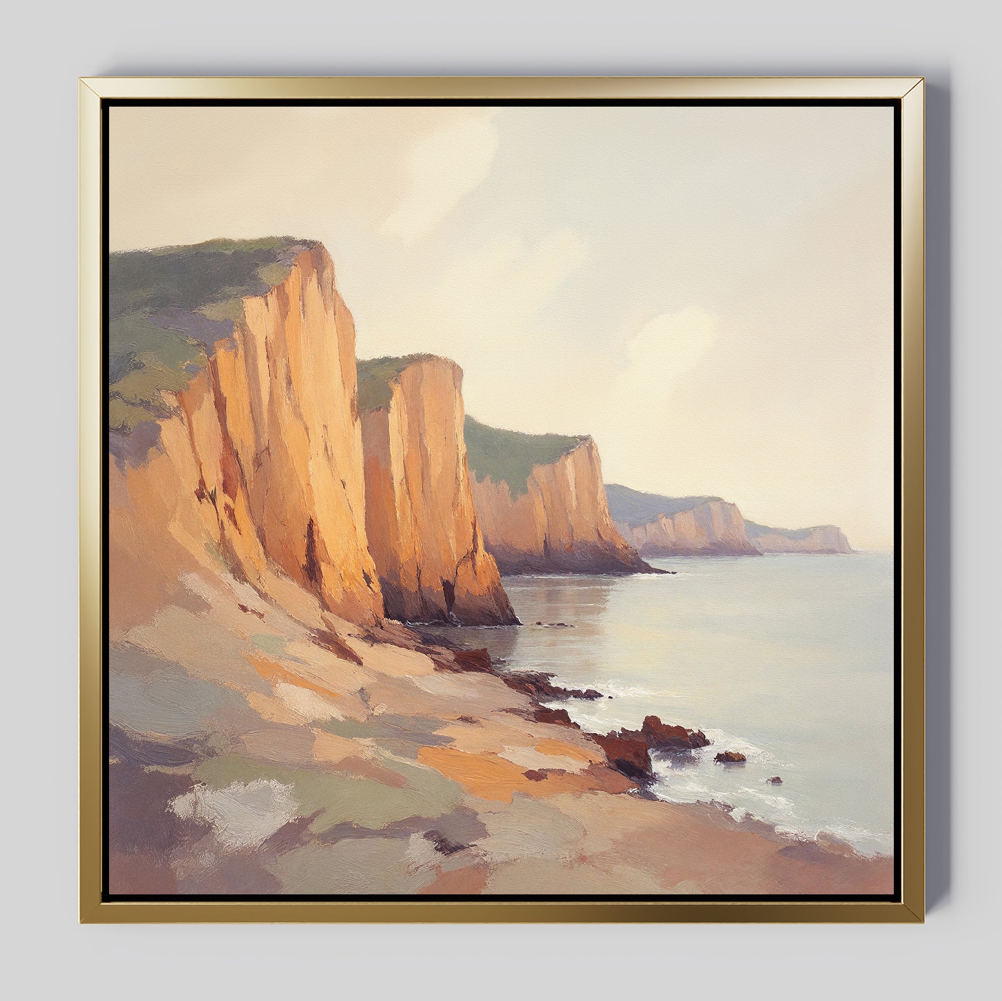 The Coastal Grandeur Canvas Art - Square features sunlit seaside cliffs, a calm sea, and soft clouds, bringing warmth and tranquility to any space.