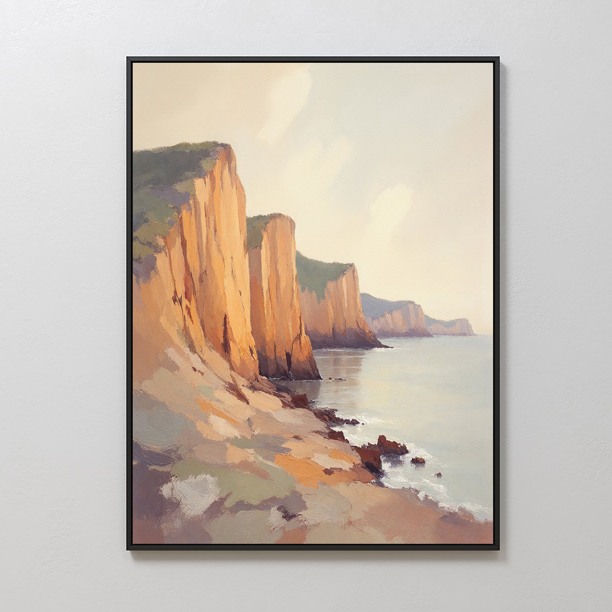The Coastal Grandeur Canvas Art - Vertical features sunlit seaside cliffs and a calm sea with warm tones, making it the perfect coastal wall art to bring serene beauty to any space.