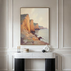 A modern console table with minimalist decor stands against a paneled wall, above which hangs the Coastal Grandeur Canvas Art - Vertical, featuring seaside cliffs beneath a soft, cloudy sky.