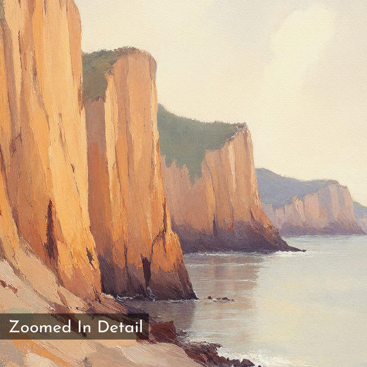 A digital painting of tall, orange seaside cliffs beside a calm sea under a bright sky is featured on the Coastal Grandeur Canvas Art - Vertical—perfect as coastal wall art or a canvas print for any space. "Zoomed In Detail" appears in the lower left corner.