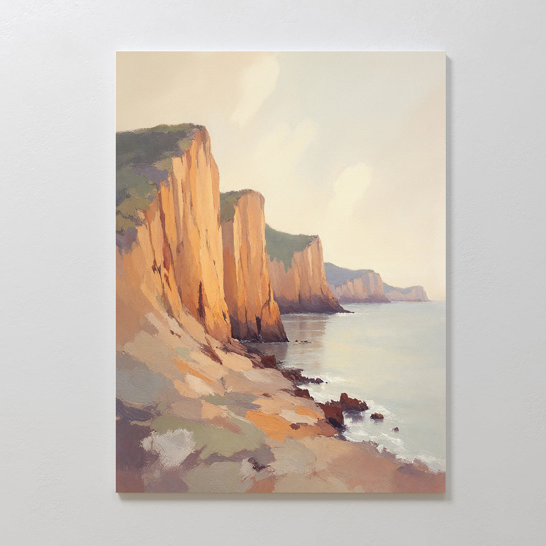 Experience breathtaking seaside cliffs lit by gentle sunlight in the Coastal Grandeur Canvas Art - Vertical. Rugged rocks and a calm sea create a serene, striking coastal wall art piece perfect for any space.
