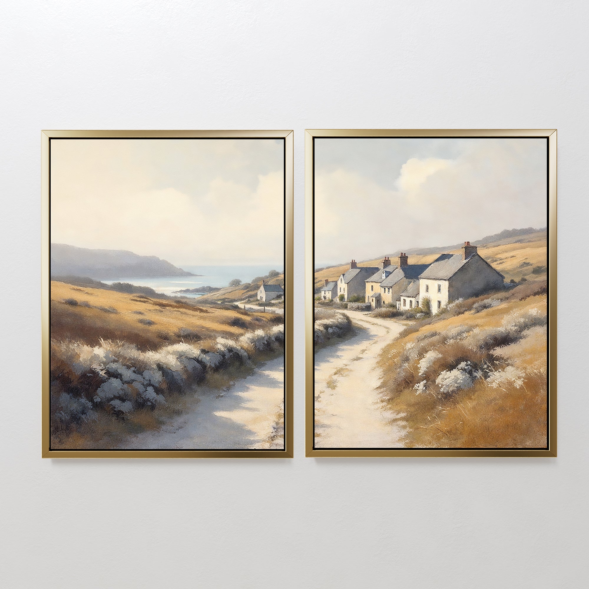 The "Coastal Haven - Set of 2" features two framed landscape prints: one portrays winding roads and grassy hills leading to the sea, while the other depicts cottages under a bright sky, capturing rustic coastal charm.