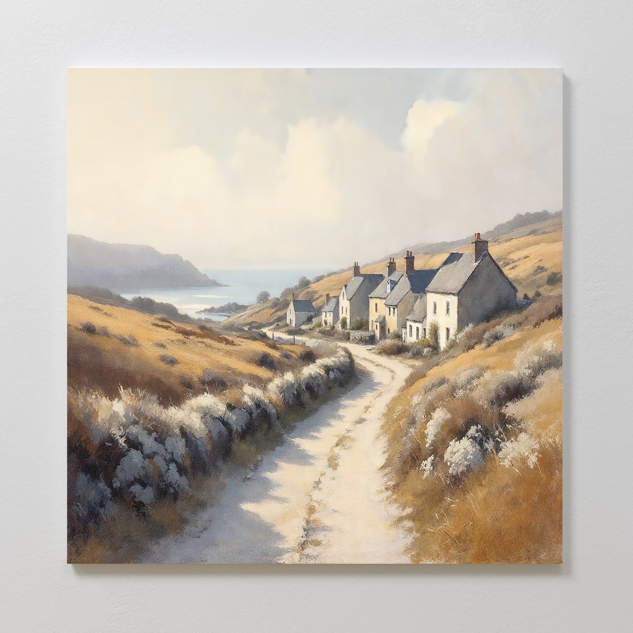 Coastal Haven Canvas Art - Square features a rural landscape with a winding dirt road, white cottages, golden fields, and distant coastal hills beneath a bright sky—perfect rustic wall art for any space.