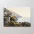 Italian Reverie Canvas Art - Horizontal captures a sunlit coastal village with cliffside architecture, mountains, and trees overlooking a calm sea beneath a soft, hazy sky.