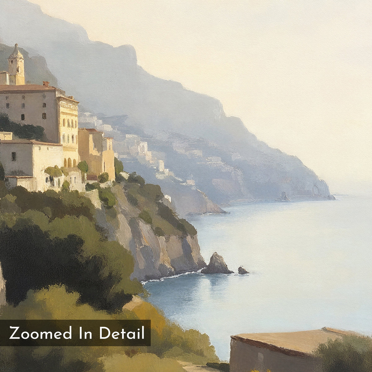 A sunlit coastal village with cliffside homes overlooks a tranquil blue sea, distant cliffs softly fading into the mist. “Zoomed In Detail” appears in the lower left—ideal as Italian Reverie Canvas Art - Horizontal for Mediterranean-style décor.
