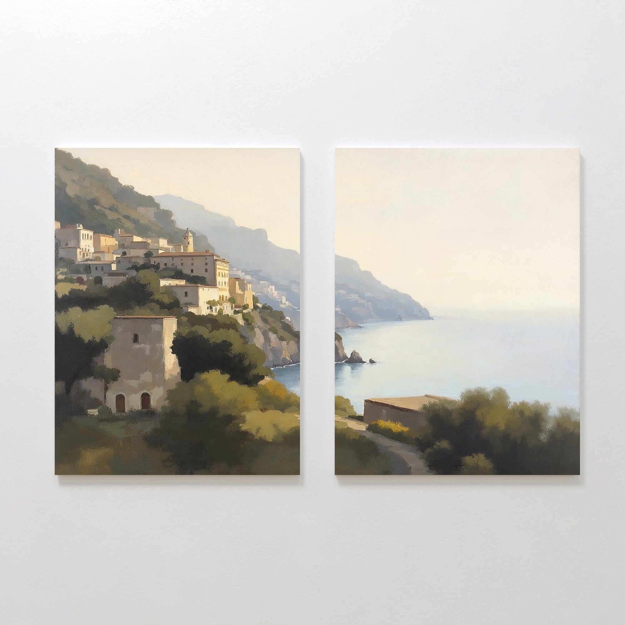 The "Italian Reverie - Set of 2" features elegant canvas prints of coastal hillsides and tranquil sea views, perfect as Mediterranean wall art to bring serene, sunlit charm to your home decor.