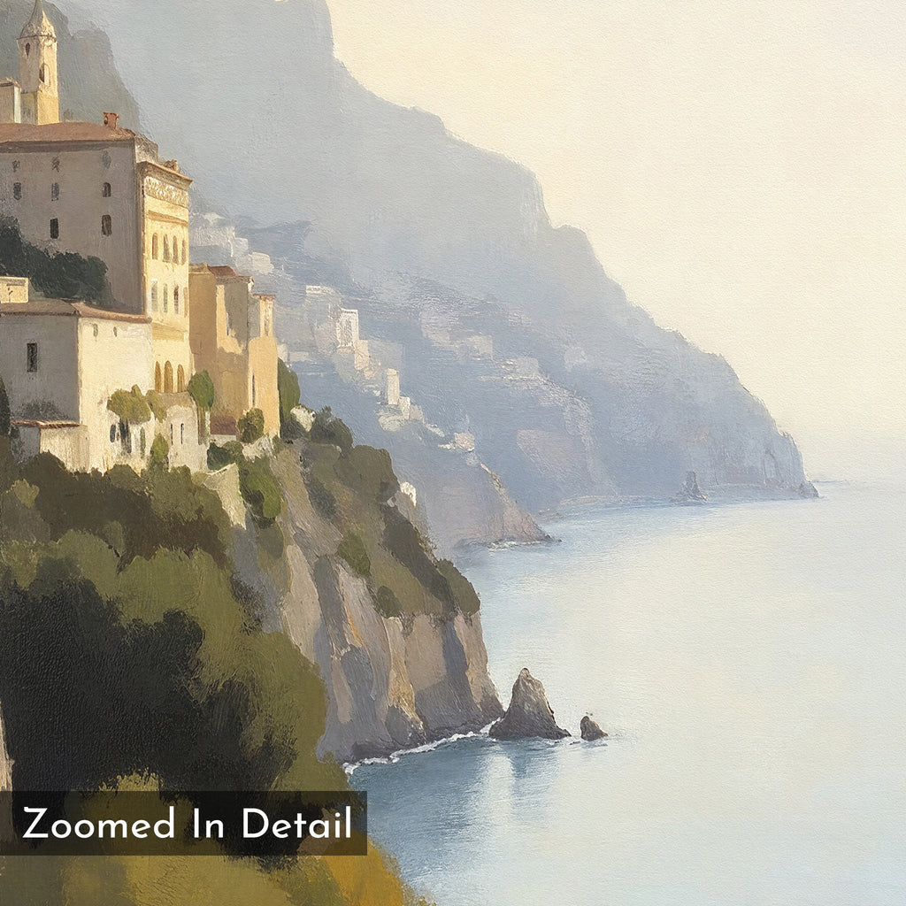 A serene coastal view with Mediterranean buildings atop cliffs overlooks tranquil blue water and misty mountains. The soft, painterly quality of the "Italian Reverie Canvas Art - Square" makes it ideal for elegant home decor. Text: Zoomed In Detail.