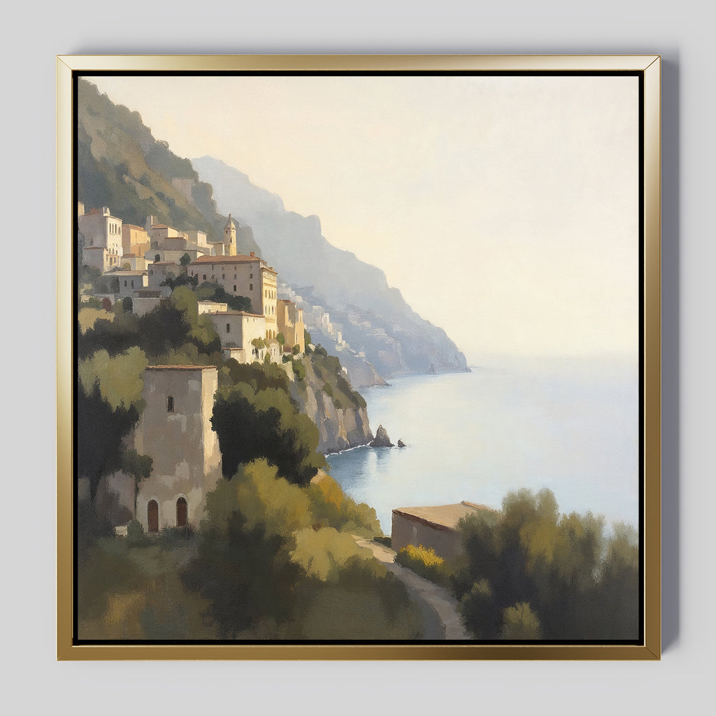 Italian Reverie Canvas Art - Square features a Mediterranean coastal village with hillside buildings, calm blue water, and green foliage—ideal as elegant home decor or stylish coastal wall art.