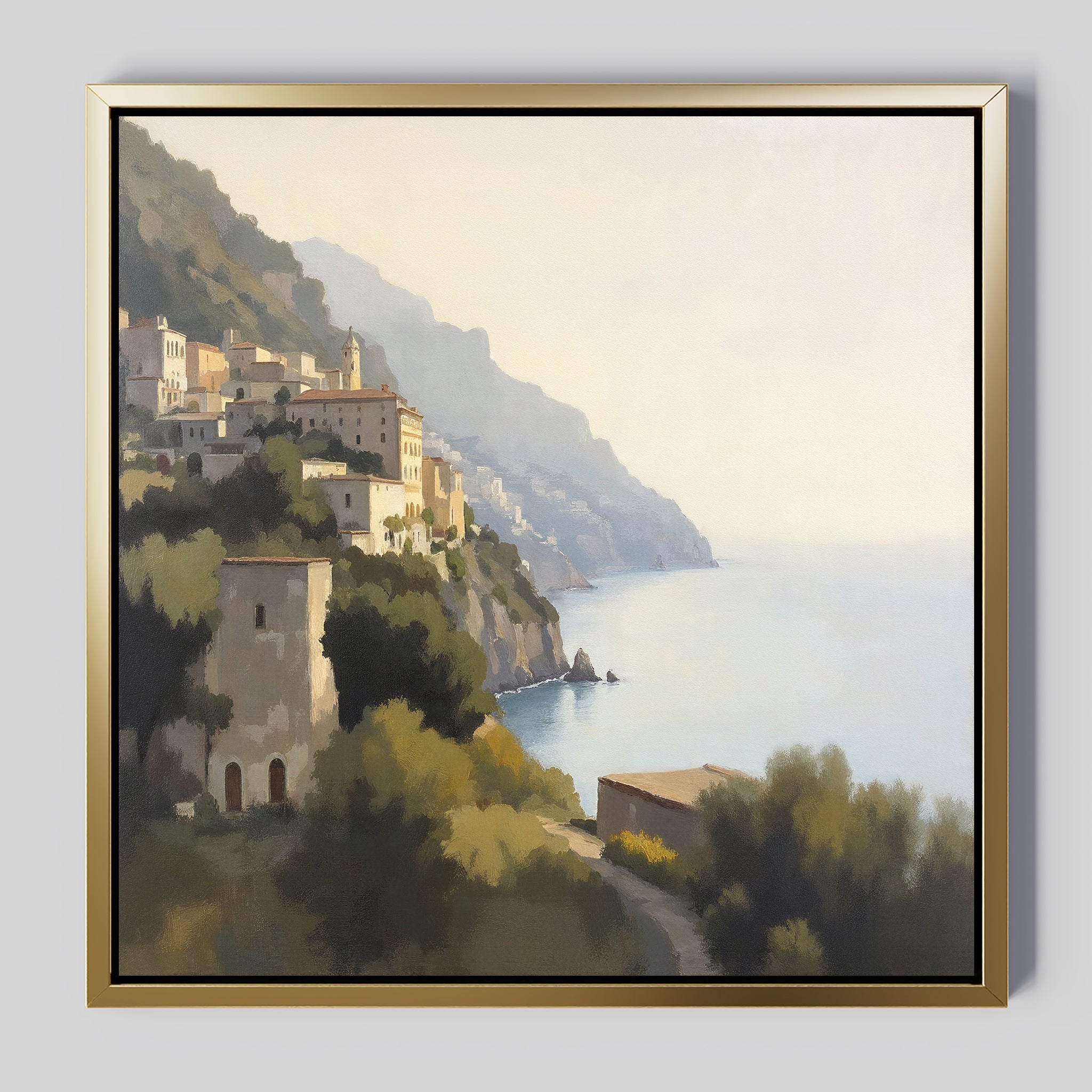 Italian Reverie Canvas Art - Square features a Mediterranean coastal village with hillside buildings, calm blue water, and green foliage—ideal as elegant home decor or stylish coastal wall art.