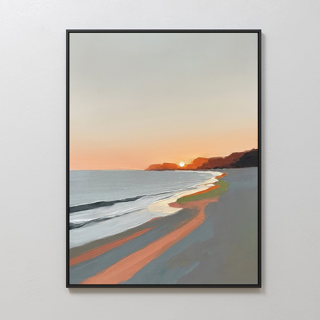 The Coastal Reverie Canvas Art - Vertical features gentle waves, a glowing orange sunset, soft pastels, and distant cliffs. Warm reflections create tranquil home decor that brings coastal charm to any space. Perfect for calm, stylish interiors.