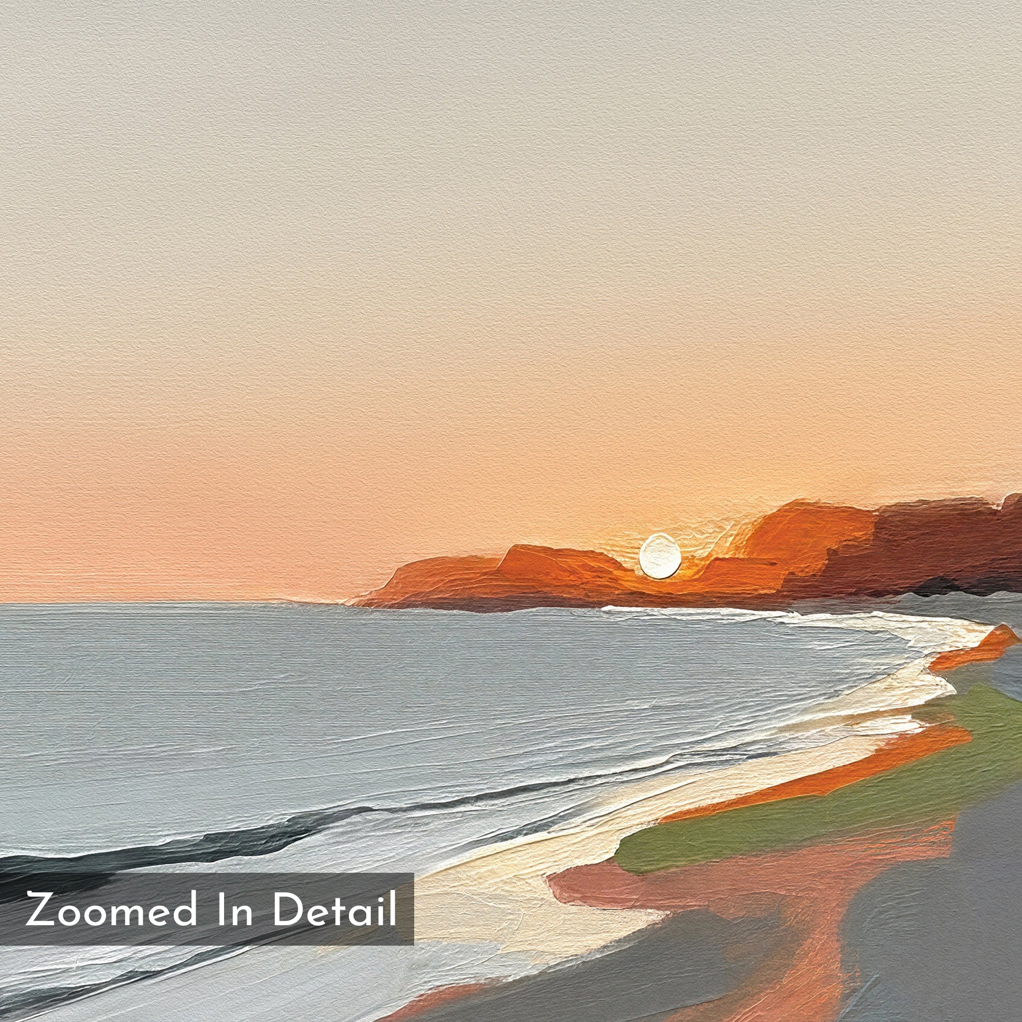 A stunning "Coastal Reverie Canvas Art - Vertical" features a digital painting of a sunset over orange-red cliffs and gentle waves, with soft pastel skies—ideal beach wall art for calming home decor. Zoomed In Detail shown at bottom left.