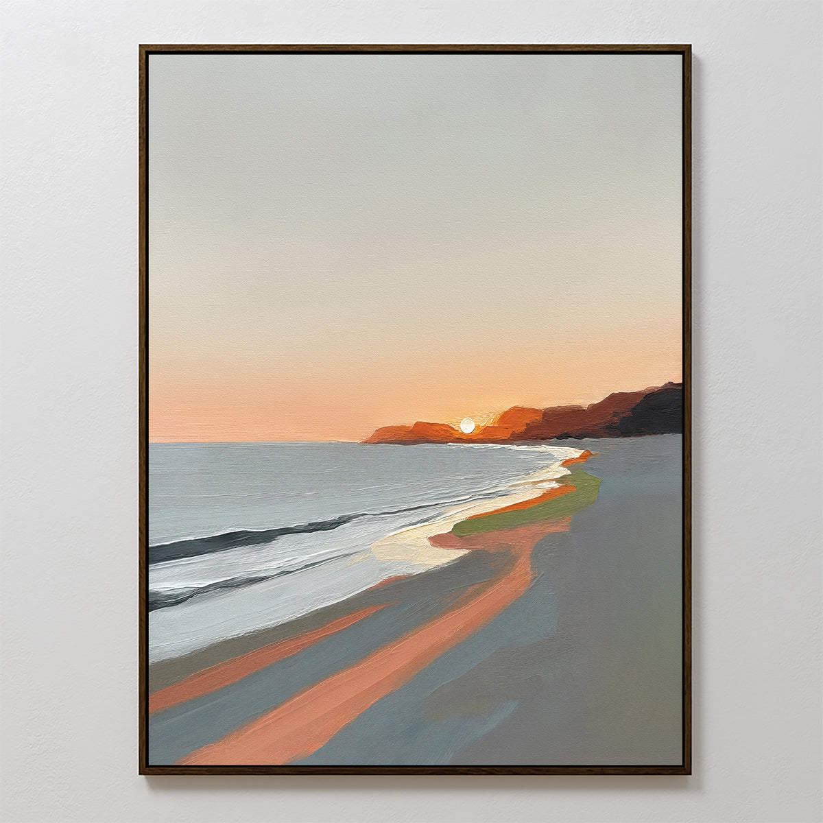 The Coastal Reverie Canvas Art - Vertical features a framed beach at sunset, with gentle waves and a glowing orange sun on the horizon. Soft gray and orange blend peacefully, creating tranquil decor for any relaxing space.