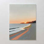 Coastal Reverie Canvas Art - Vertical depicts a sunset beach with calm waves, orange-pink sunlight on sand, and distant cliffs—ideal as a tranquil coastal canvas print for serene home decor.