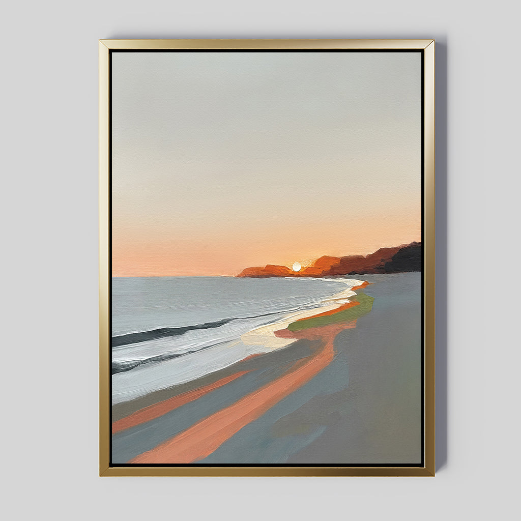 The Coastal Reverie Canvas Art - Vertical features a framed beach sunset with orange sunlight on sand and gentle waves by distant cliffs under a soft gray sky—ideal as tranquil home decor for any space.