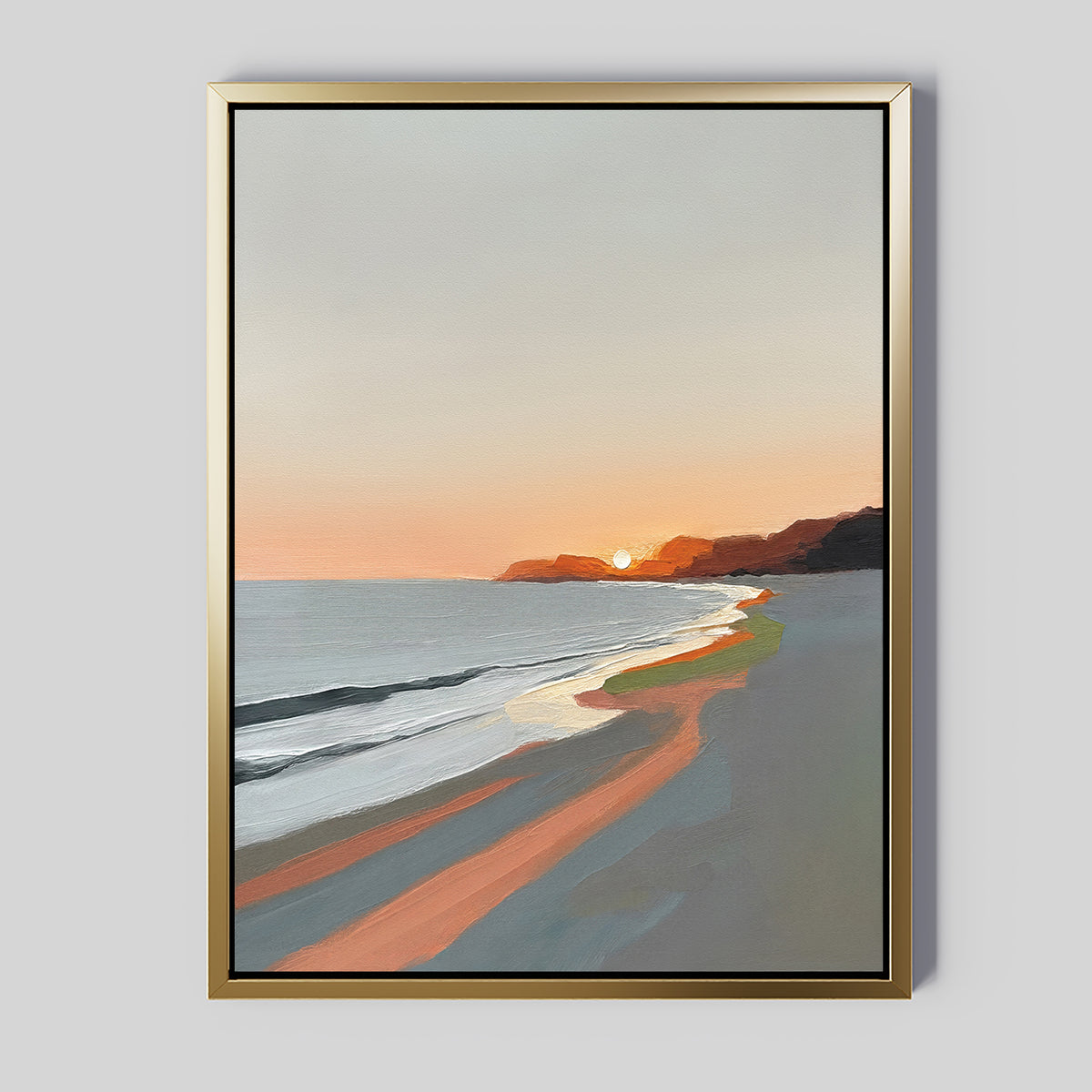 The Coastal Reverie Canvas Art - Vertical features a framed beach sunset with orange sunlight on sand and gentle waves by distant cliffs under a soft gray sky—ideal as tranquil home decor for any space.