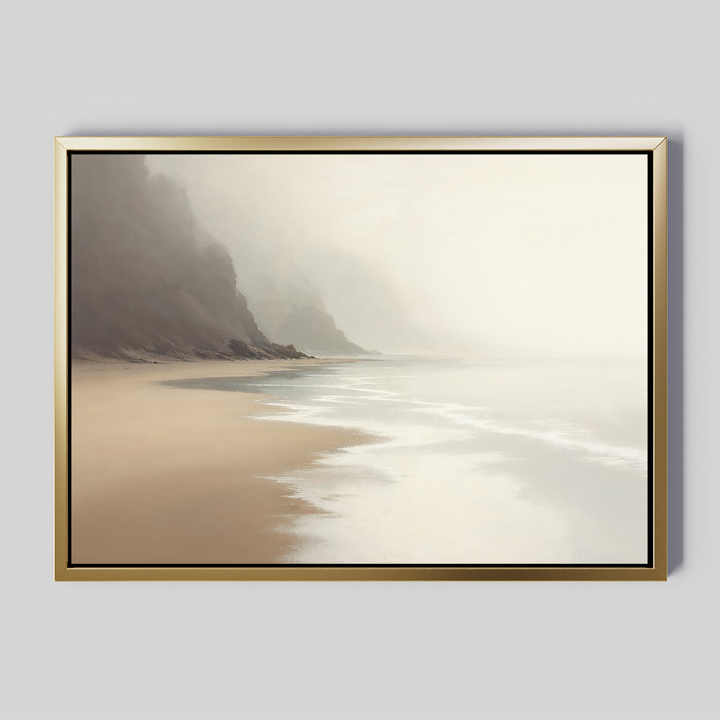 The Coastal Silence Canvas Art - Horizontal features a serene beach with calm waves, sandy shore, and misty cliffs on a light gray background—ideal for muted coastal decor and a peaceful Nordic Park atmosphere.