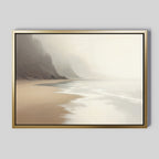 The Coastal Silence Canvas Art - Horizontal features a serene beach with calm waves, sandy shore, and misty cliffs on a light gray background—ideal for muted coastal decor and a peaceful Nordic Park atmosphere.