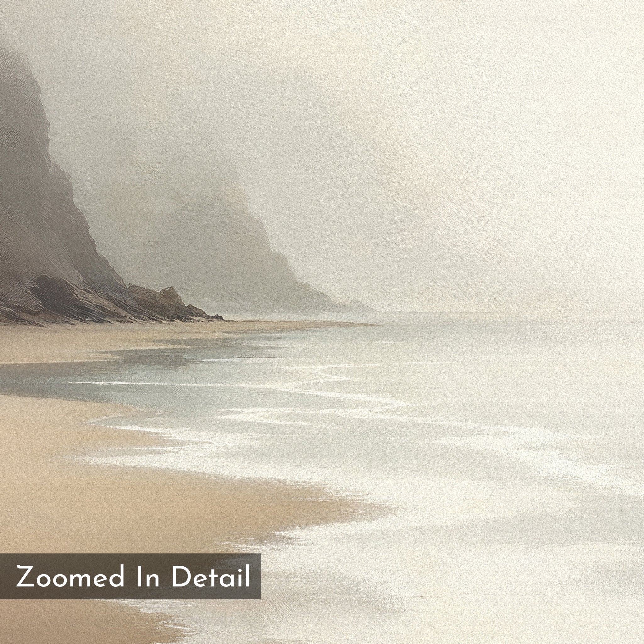 A misty coastline with gentle waves and distant rocky cliffs fading into fog—perfect as muted decor. "Coastal Silence Canvas Art - Horizontal" is inscribed in the corner as a subtle detail.