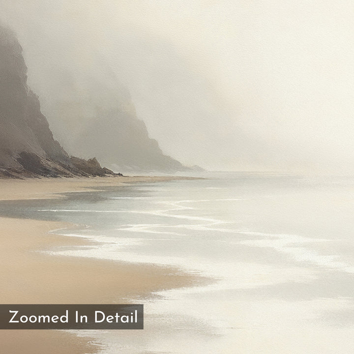 A misty coastline with gentle waves and distant rocky cliffs fading into fog—perfect as muted decor. "Coastal Silence Canvas Art - Horizontal" is inscribed in the corner as a subtle detail.
