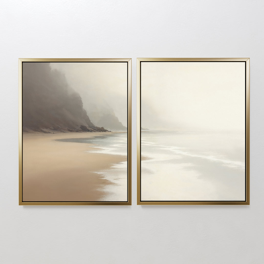 The "Coastal Silence - Set of 2" features framed canvas prints side by side, showcasing sandy beaches, misty cliffs, and gentle waves under a pale sky in neutral tones for a serene, minimalist coastal wall art display.