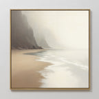The Coastal Silence Canvas Art - Square features a misty beach with gentle waves, wet sand, and cliffs on the left. Its soft light and natural palette create a peaceful, serene atmosphere for any space.