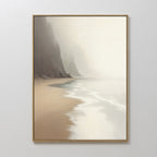 Coastal Silence Canvas Art - Vertical showcases a serene beach with gentle waves and misty cliffs in soft, neutral tones, creating a calm and tranquil mood—perfect for bringing a soothing touch to any space.