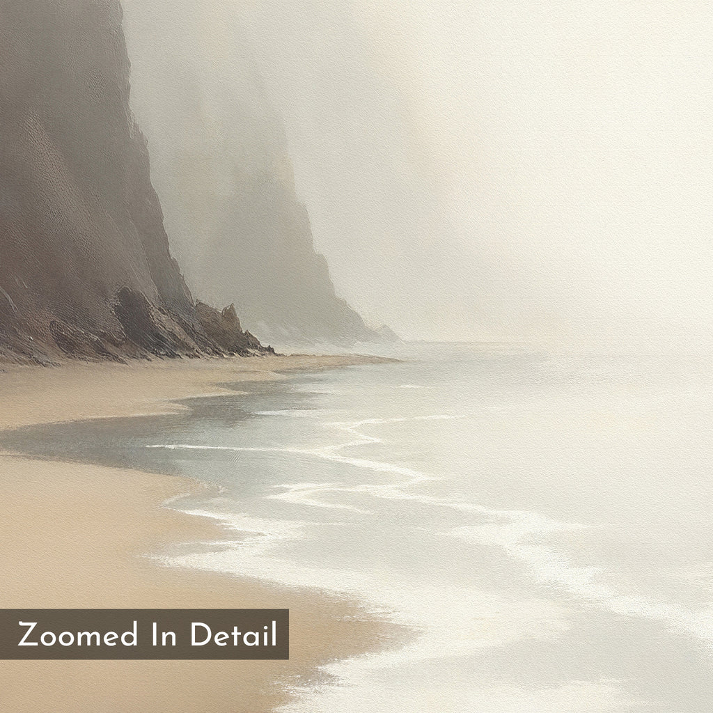 The Coastal Silence Canvas Art - Vertical features gentle waves on a sandy shore with hazy cliffs in the distance. Ideal coastal wall art, this piece brings a calm, serene vibe. Text overlay reads: Zoomed In Detail.