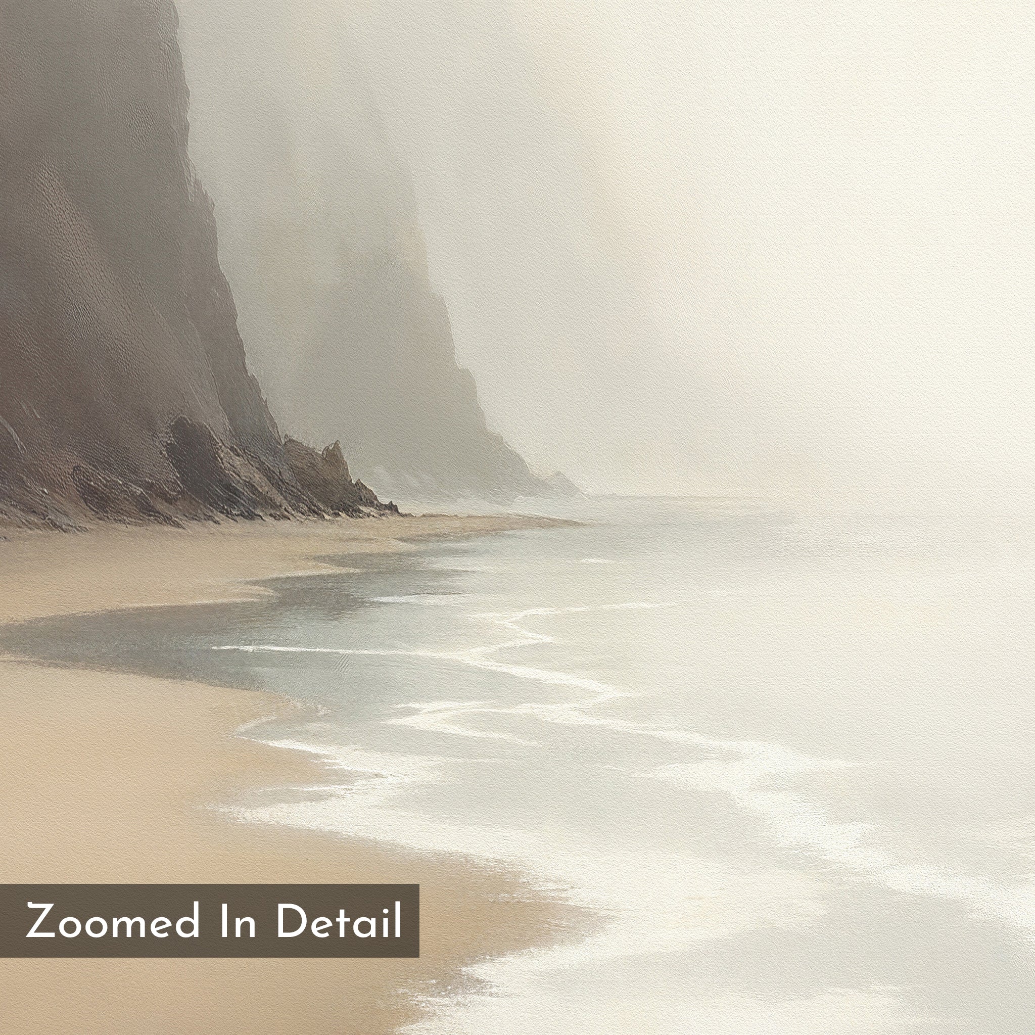 The Coastal Silence Canvas Art - Vertical features gentle waves on a sandy shore with hazy cliffs in the distance. Ideal coastal wall art, this piece brings a calm, serene vibe. Text overlay reads: Zoomed In Detail.